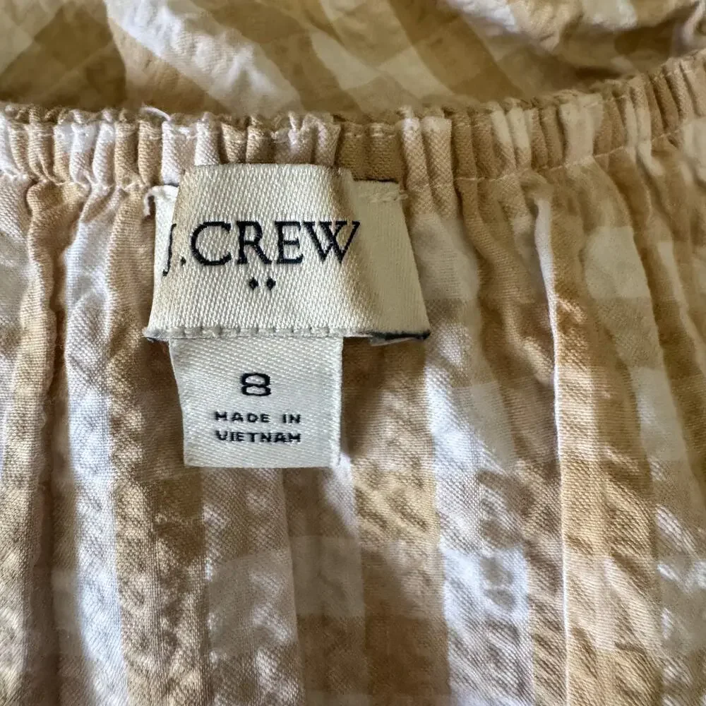 J. Crew Tan Gingham Seersucker Ruffle Neck Tiered Mini Dress